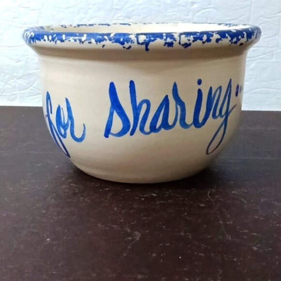 Blue Spongeware Popcorn Bowl w/ "for Sharing' Written on Bowl 6.5" Diameter - Picture 5 of 5